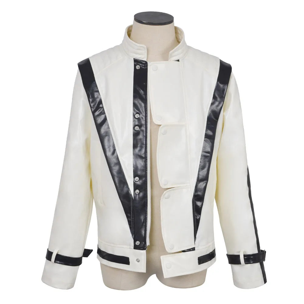 Thriller jacket costume front view in white with black stripes and zipper
