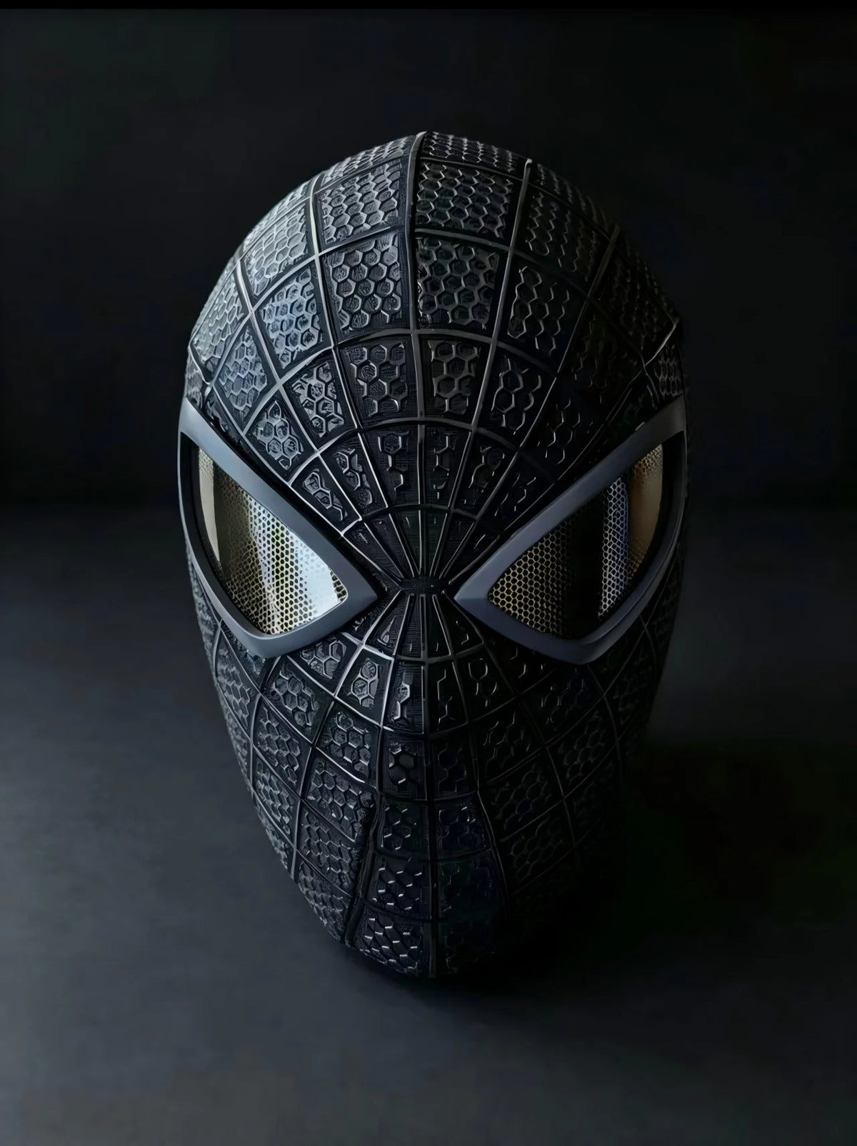 Spider-Man adult mask front view in black and silver with textured surface