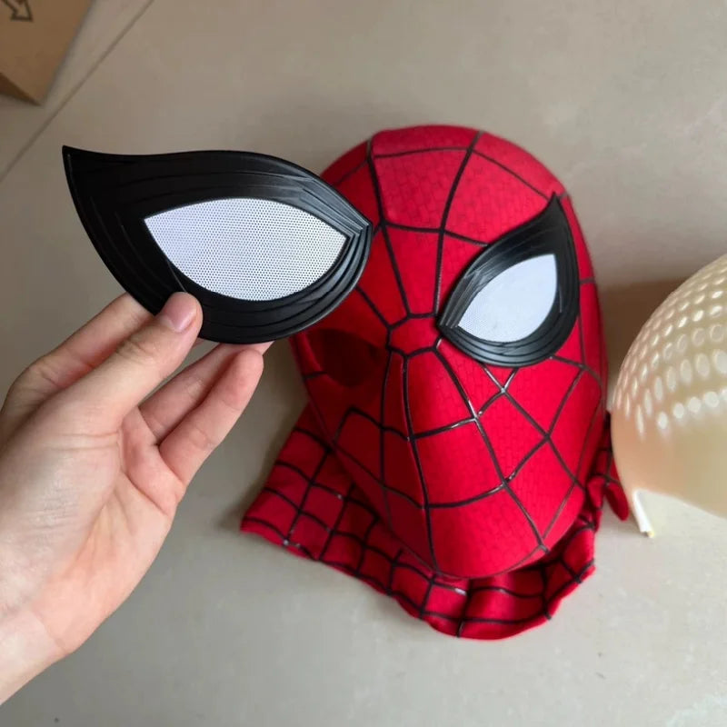 Spider-Man mask detail close-up showing red, black, and white eye pieces